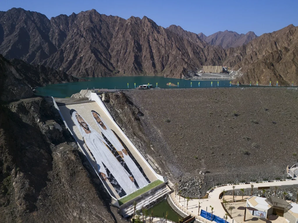 Elevated view of the marble mosaic and Hatta reservoir